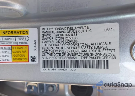 2024 Honda Accord Ex из США, поврежденный, VIN 1HGCY1F34RA070624